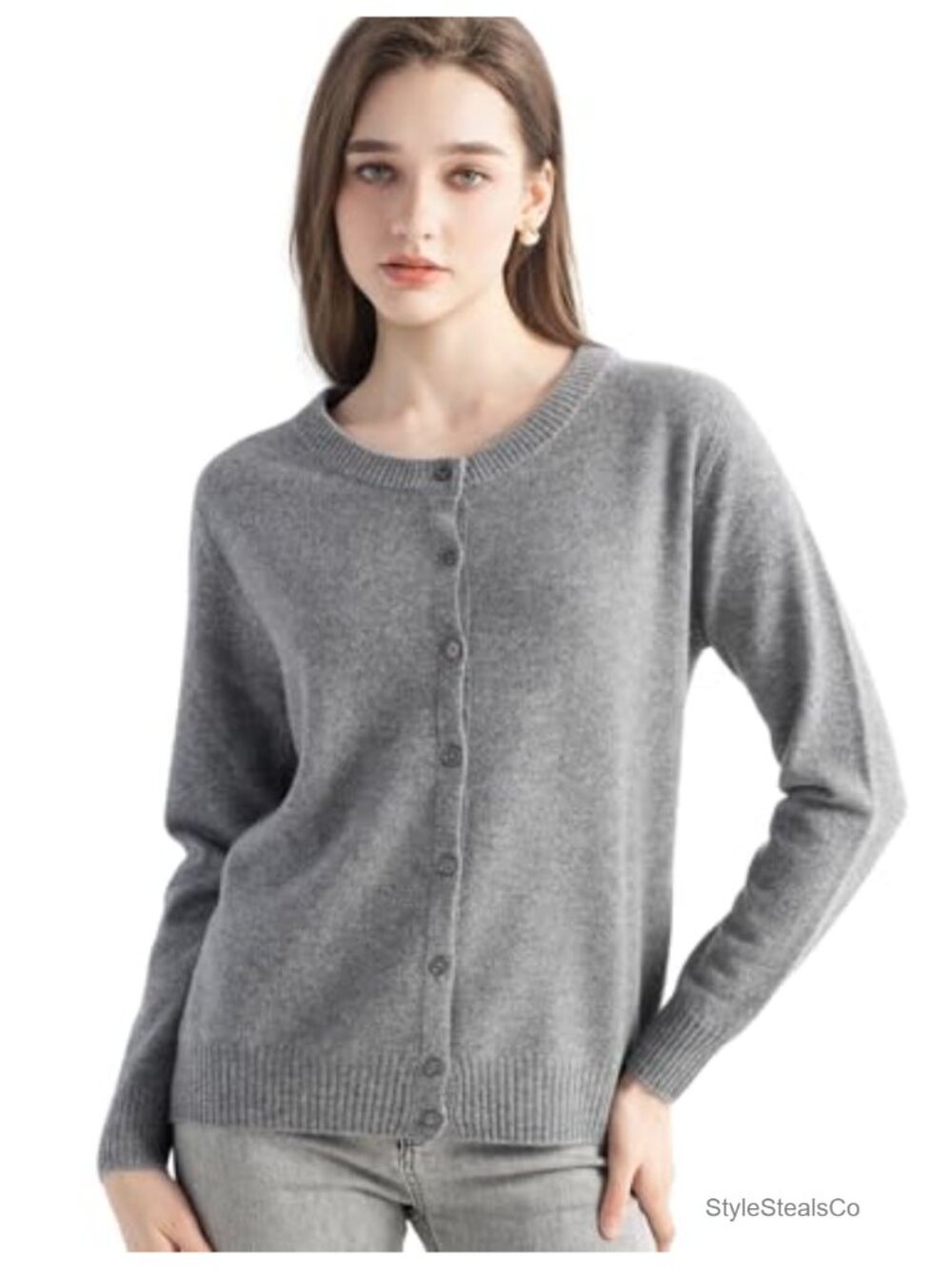 100% Pure Cashmere Cardigan Crew Neck Long Sleeve Seamless Knit Sweater
